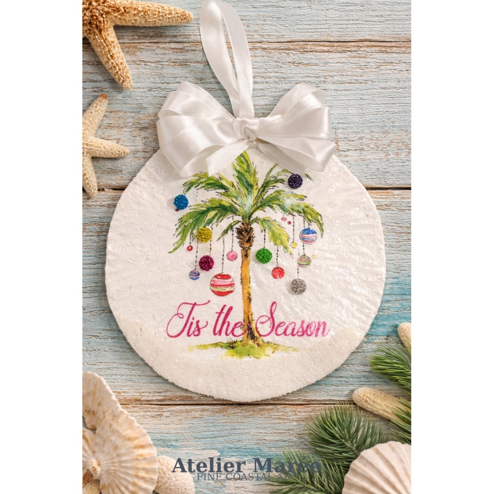 Coastal Palm Tree Holiday Ornament – 6” Handcrafted Metal Disc with Crystals